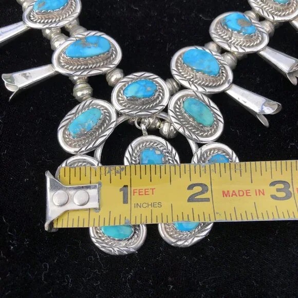 Vintage Sterling Silver Navajo Kingman Turquoise Squash Blossom Necklace Jewelry - Picture 14 of 16